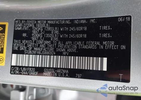 2018 Toyota Highlander Le из США, поврежденный, VIN 5TDBZRFH8JS886924